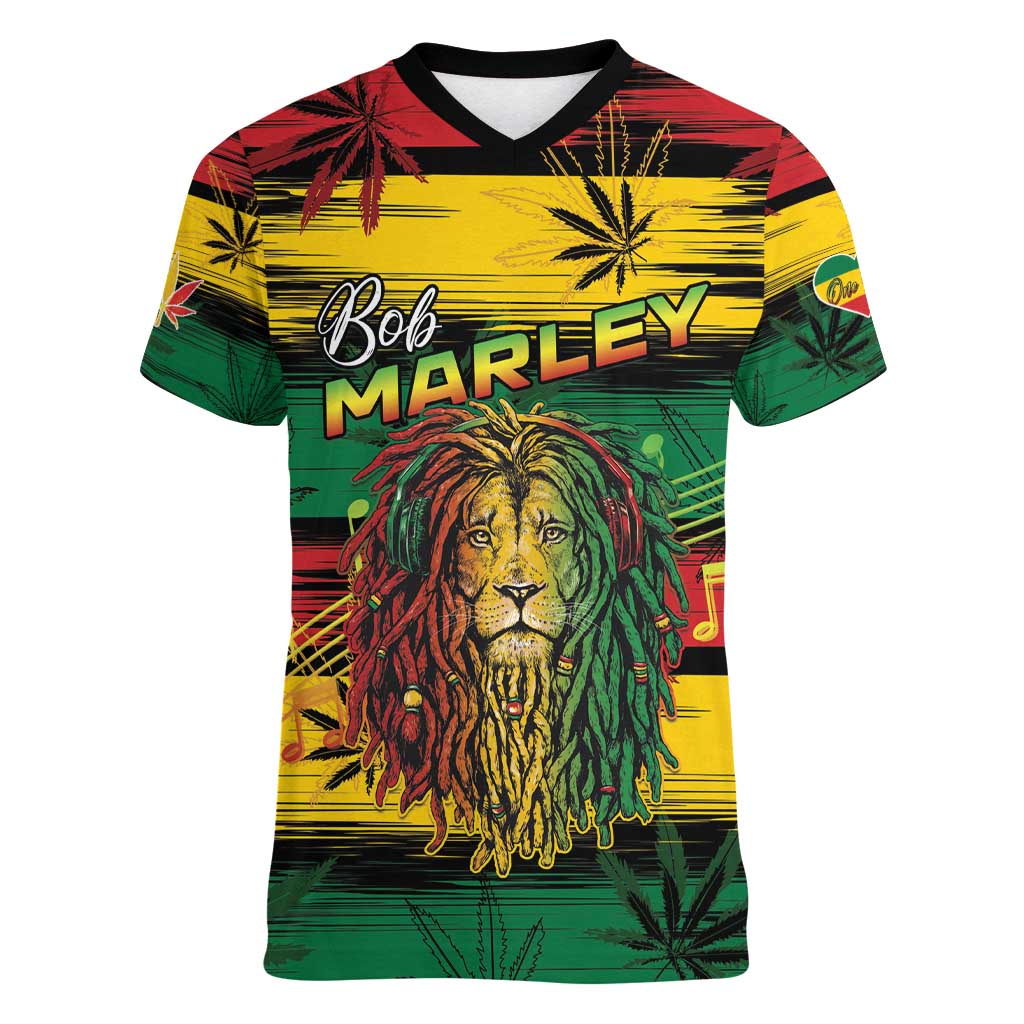 Personalised Rastafarian Lion Women V-Neck T-Shirt Cannabis Leaf Pattern - Wonder Print Shop