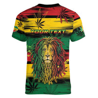 Personalised Rastafarian Lion Women V-Neck T-Shirt Cannabis Leaf Pattern - Wonder Print Shop