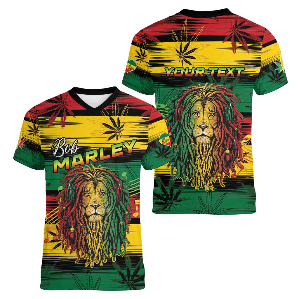 Personalised Rastafarian Lion Women V-Neck T-Shirt Cannabis Leaf Pattern - Wonder Print Shop