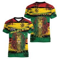 Personalised Rastafarian Lion Women V-Neck T-Shirt Cannabis Leaf Pattern - Wonder Print Shop