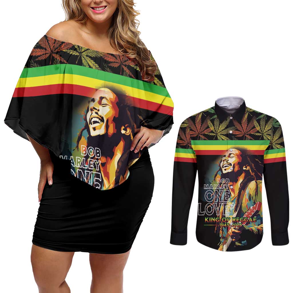 Happy Birthday Legend Bob Couples Matching Off Shoulder Short Dress and Long Sleeve Button Shirt Thank You For The Memories - Wonder Print Shop