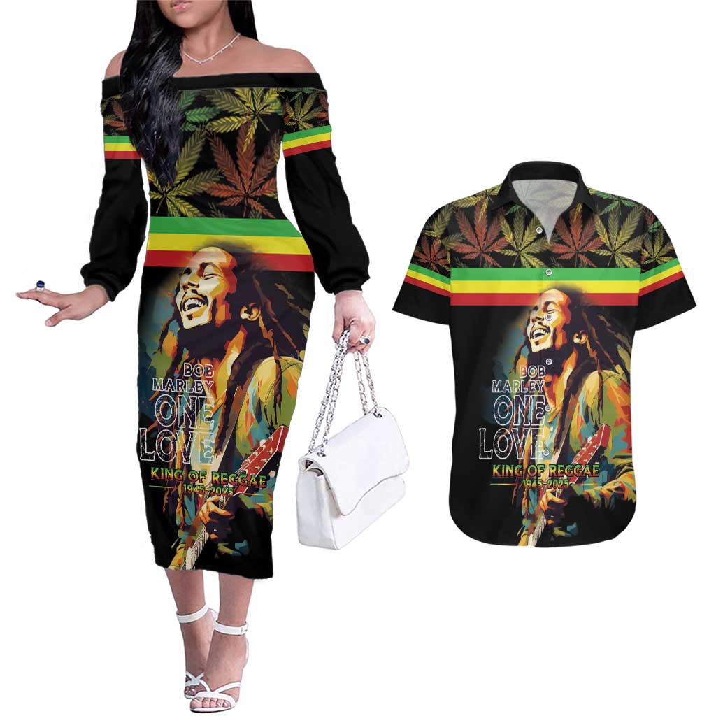 Happy Birthday Legend Bob Couples Matching Off The Shoulder Long Sleeve Dress and Hawaiian Shirt Thank You For The Memories - Wonder Print Shop