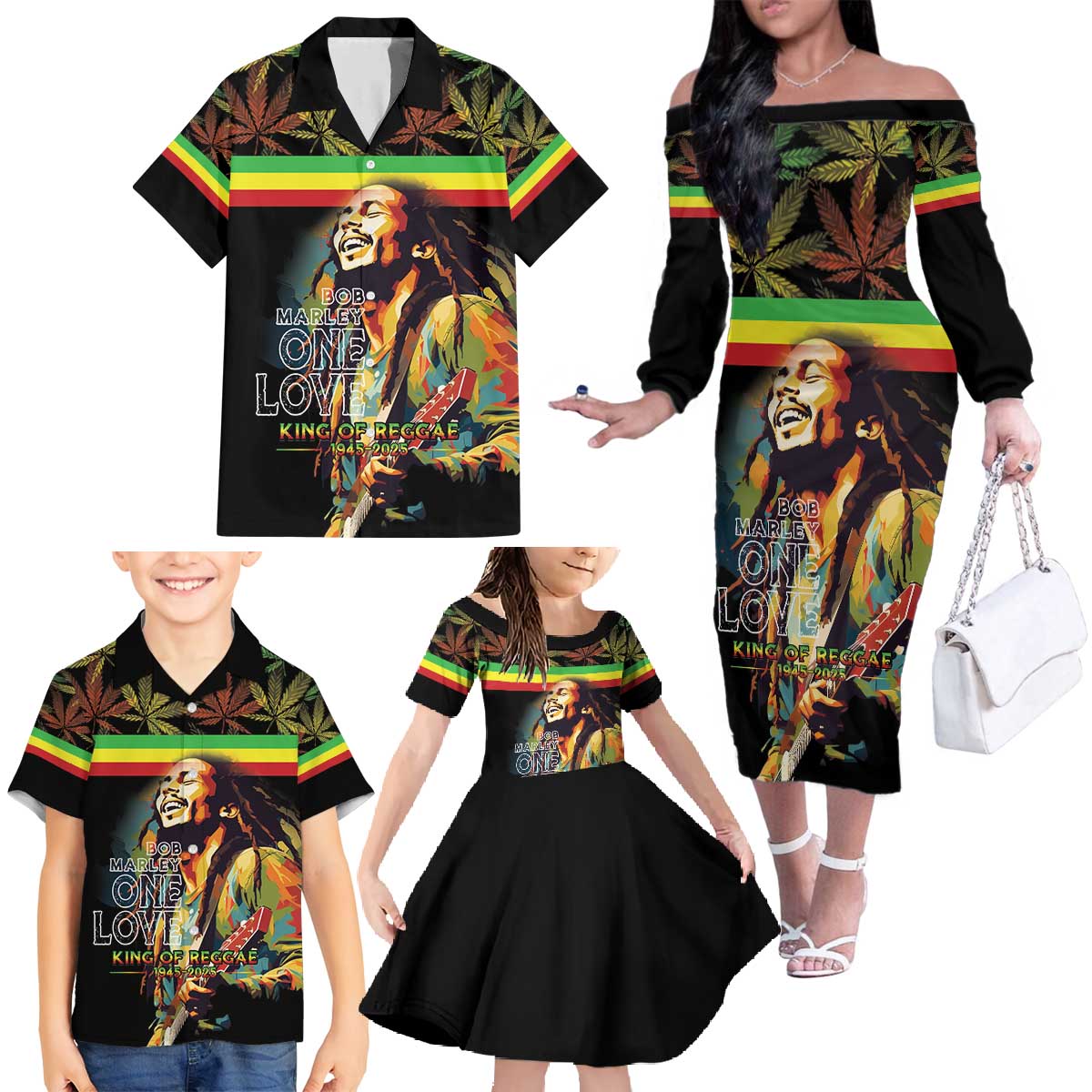 Happy Birthday Legend Bob Family Matching Off The Shoulder Long Sleeve Dress and Hawaiian Shirt Thank You For The Memories - Wonder Print Shop