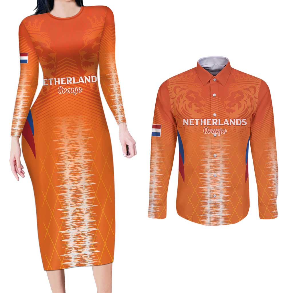 Custom Netherlands Football Couples Matching Long Sleeve Bodycon Dress and Long Sleeve Button Shirt Go Champions Oranje - Wonder Print Shop