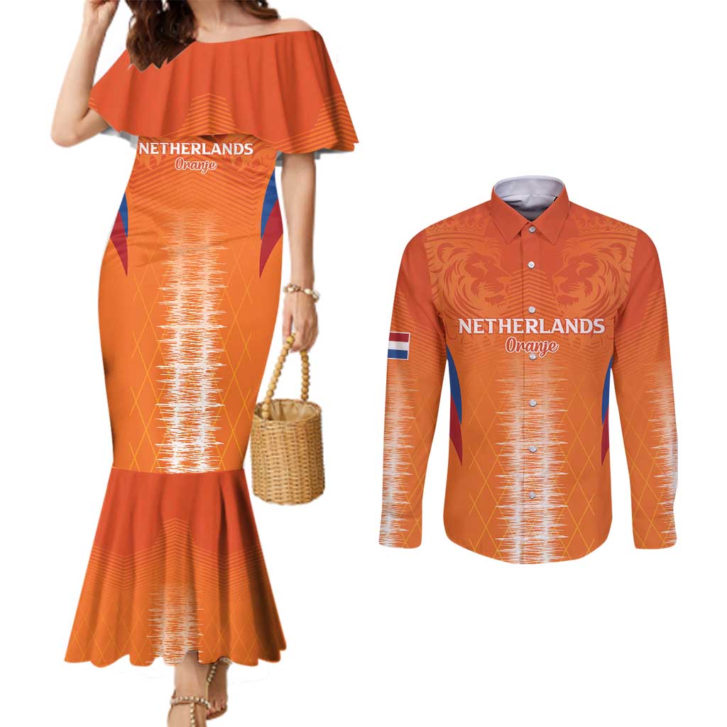 Custom Netherlands Football Couples Matching Mermaid Dress and Long Sleeve Button Shirt Go Champions Oranje - Wonder Print Shop