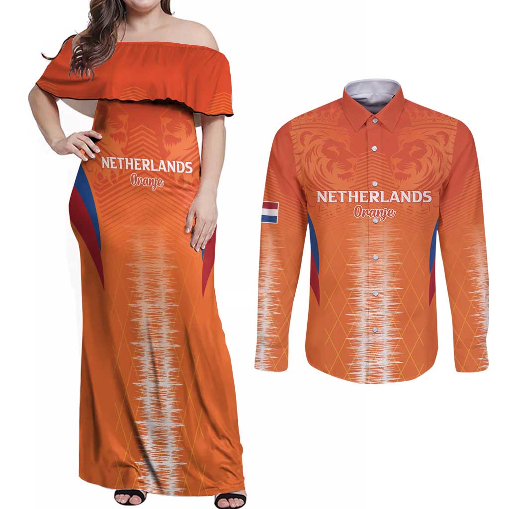 Custom Netherlands Football Couples Matching Off Shoulder Maxi Dress and Long Sleeve Button Shirt Go Champions Oranje - Wonder Print Shop