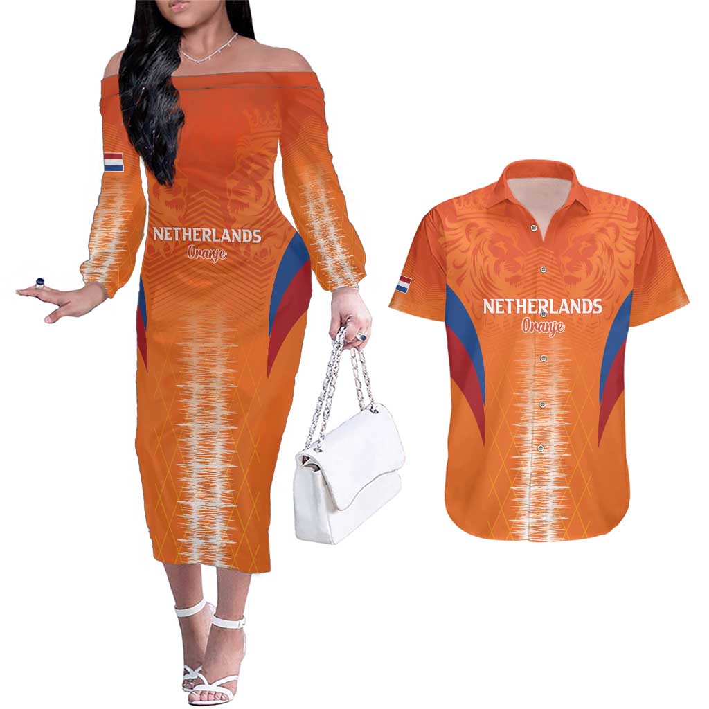 Custom Netherlands Football Couples Matching Off The Shoulder Long Sleeve Dress and Hawaiian Shirt Go Champions Oranje - Wonder Print Shop