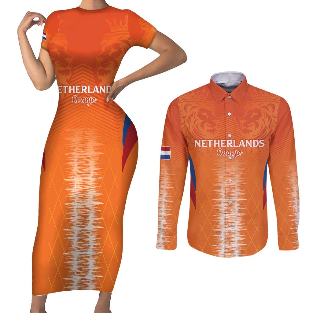 Custom Netherlands Football Couples Matching Short Sleeve Bodycon Dress and Long Sleeve Button Shirt Go Champions Oranje - Wonder Print Shop