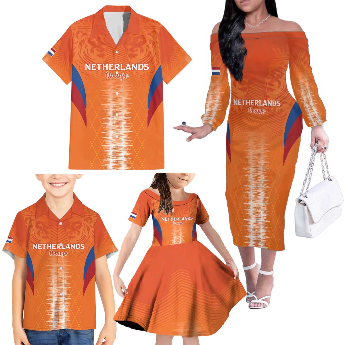 Custom Netherlands Football Family Matching Off The Shoulder Long Sleeve Dress and Hawaiian Shirt Go Champions Oranje - Wonder Print Shop