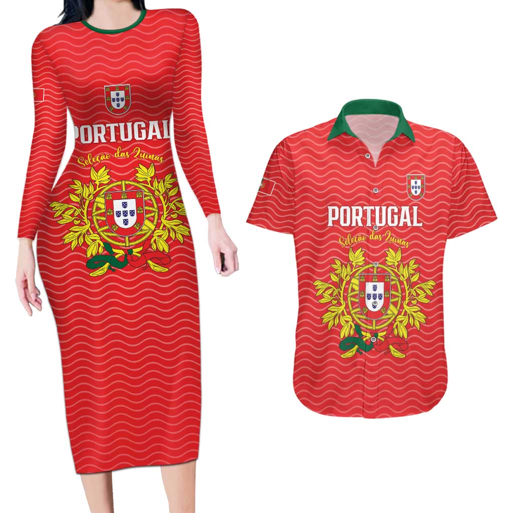 Custom Portugal Football 2026 Couples Matching Long Sleeve Bodycon Dress and Hawaiian Shirt Team of the Quincunxes - Wonder Print Shop