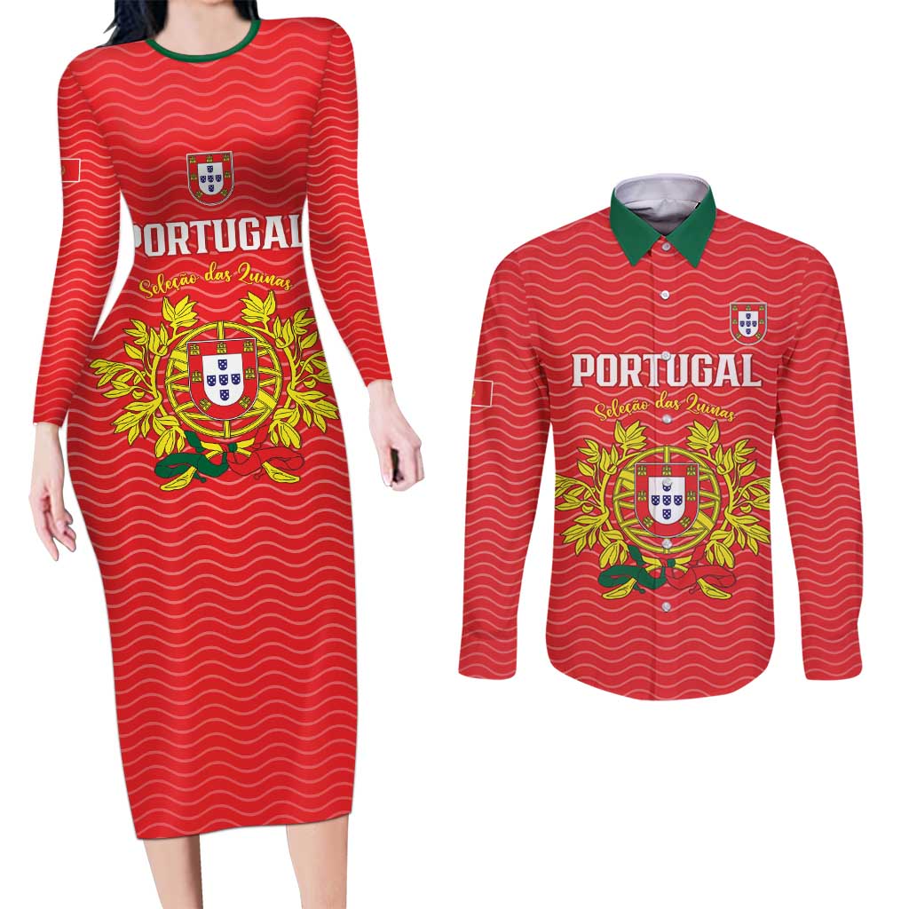Custom Portugal Football 2026 Couples Matching Long Sleeve Bodycon Dress and Long Sleeve Button Shirt Team of the Quincunxes - Wonder Print Shop