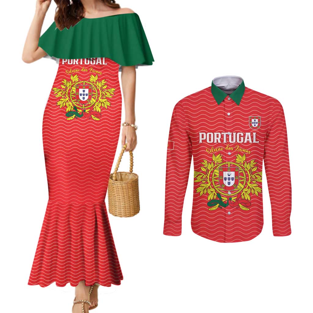 Custom Portugal Football 2026 Couples Matching Mermaid Dress and Long Sleeve Button Shirt Team of the Quincunxes - Wonder Print Shop