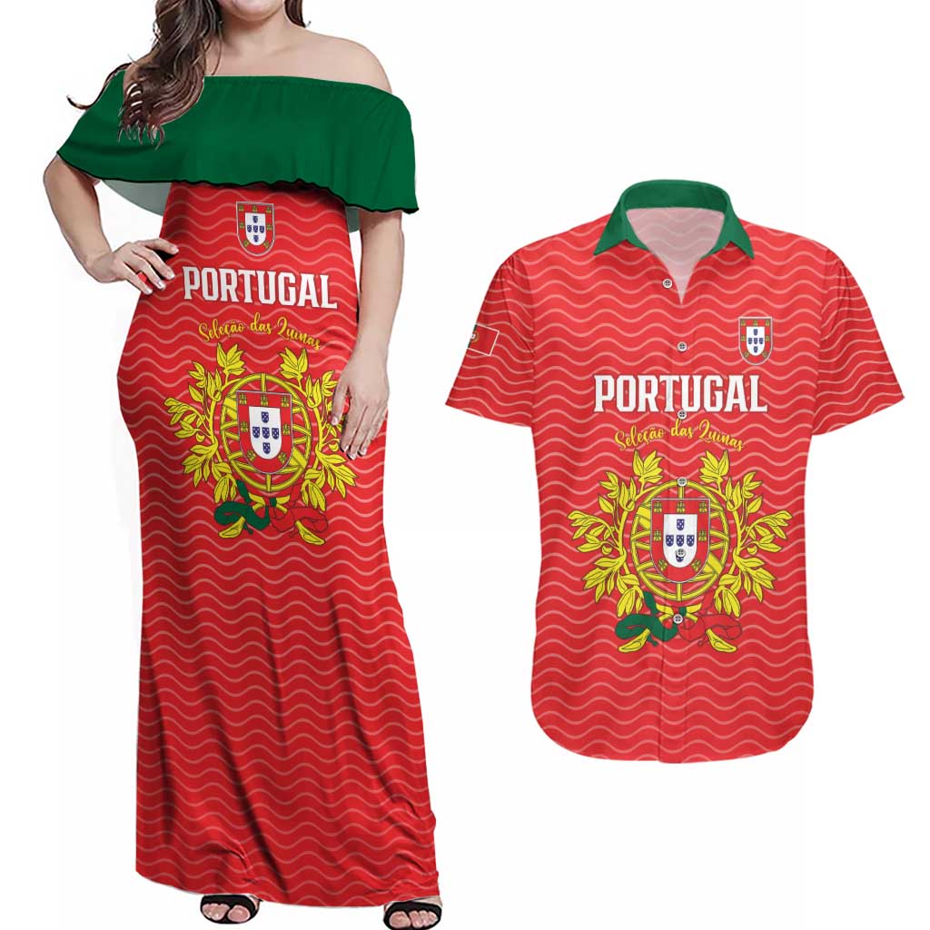 Custom Portugal Football 2026 Couples Matching Off Shoulder Maxi Dress and Hawaiian Shirt Team of the Quincunxes - Wonder Print Shop