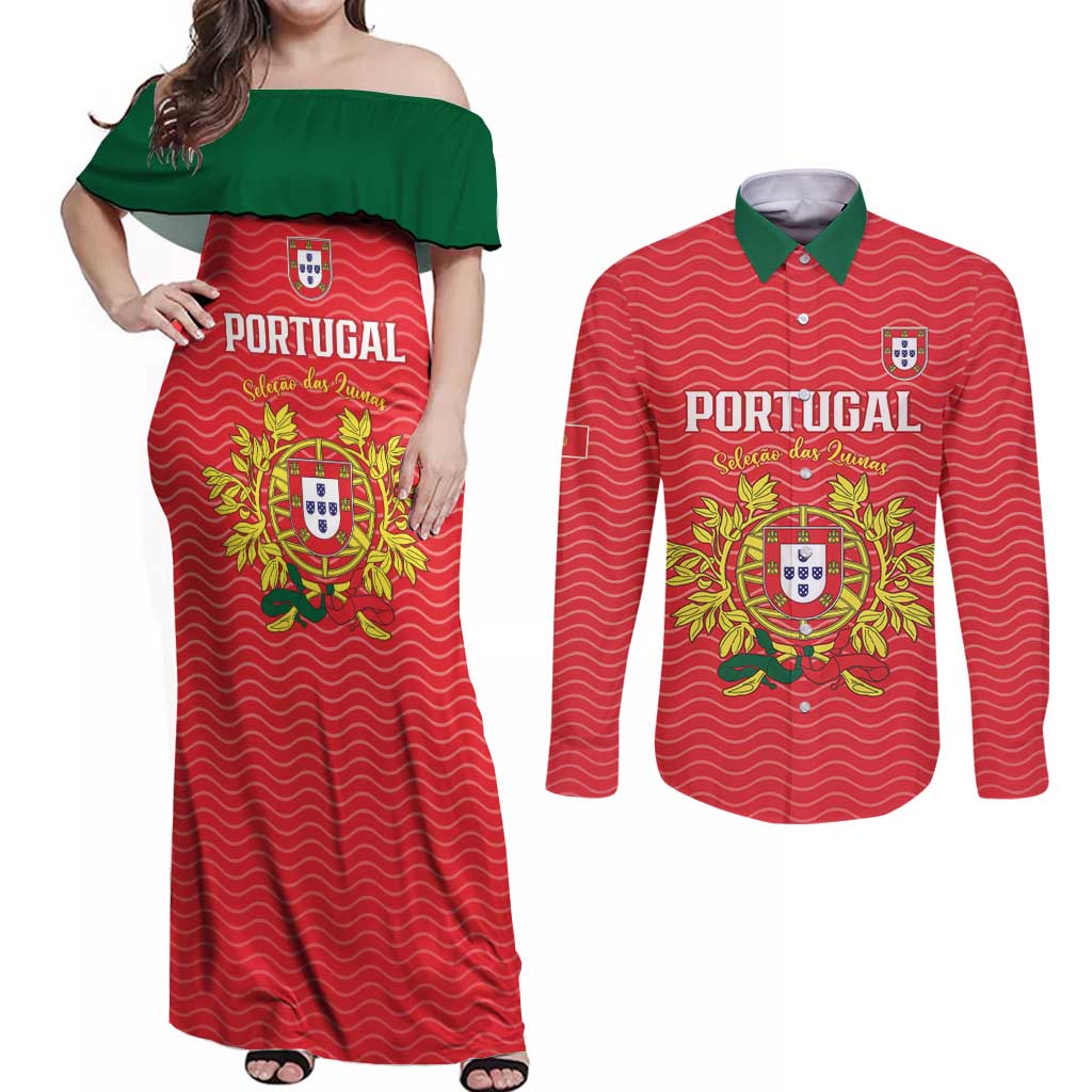 Custom Portugal Football 2026 Couples Matching Off Shoulder Maxi Dress and Long Sleeve Button Shirt Team of the Quincunxes - Wonder Print Shop