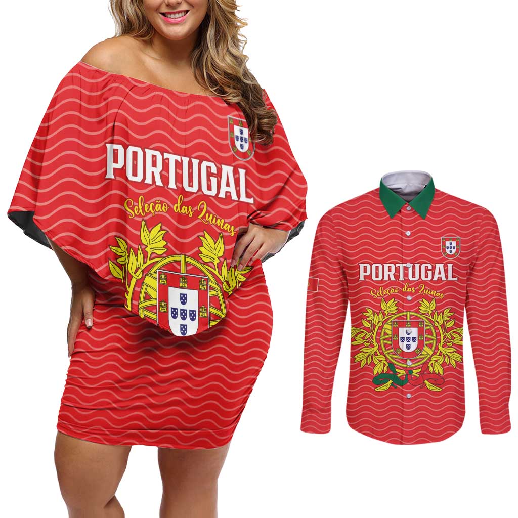 Custom Portugal Football 2026 Couples Matching Off Shoulder Short Dress and Long Sleeve Button Shirt Team of the Quincunxes - Wonder Print Shop