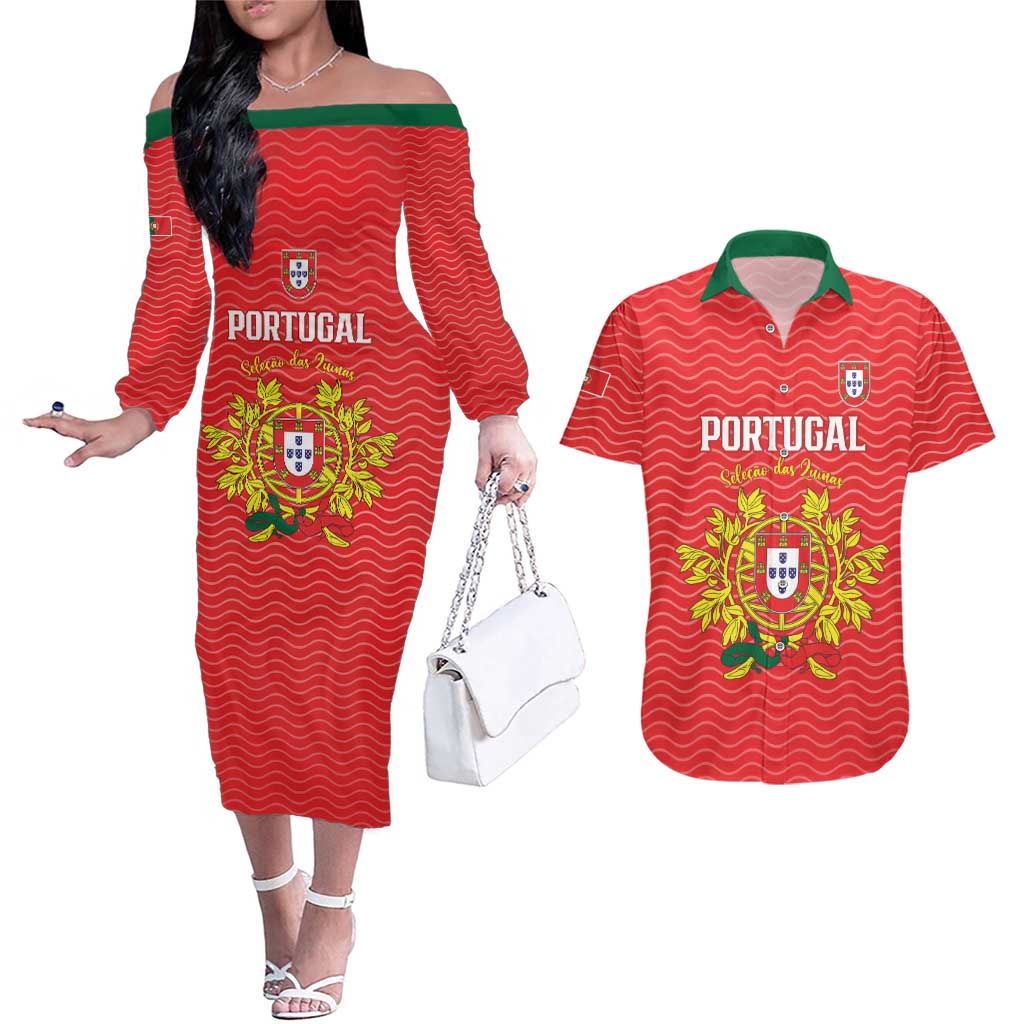 Custom Portugal Football 2026 Couples Matching Off The Shoulder Long Sleeve Dress and Hawaiian Shirt Team of the Quincunxes - Wonder Print Shop