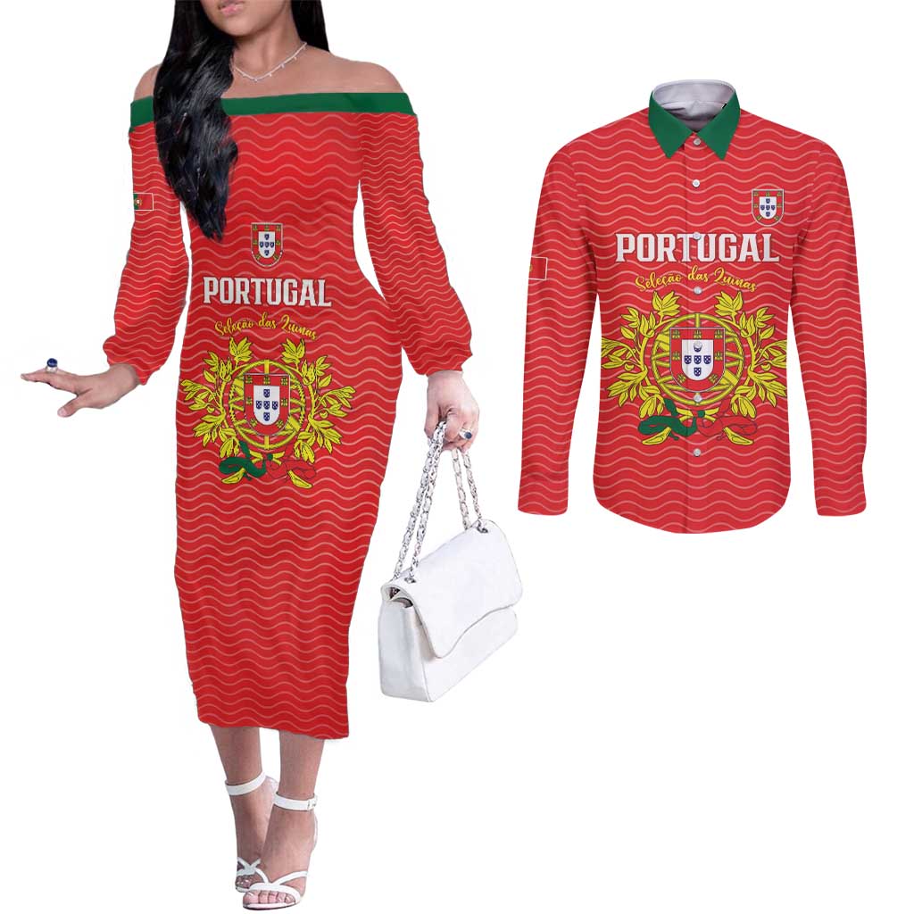 Custom Portugal Football 2026 Couples Matching Off The Shoulder Long Sleeve Dress and Long Sleeve Button Shirt Team of the Quincunxes - Wonder Print Shop