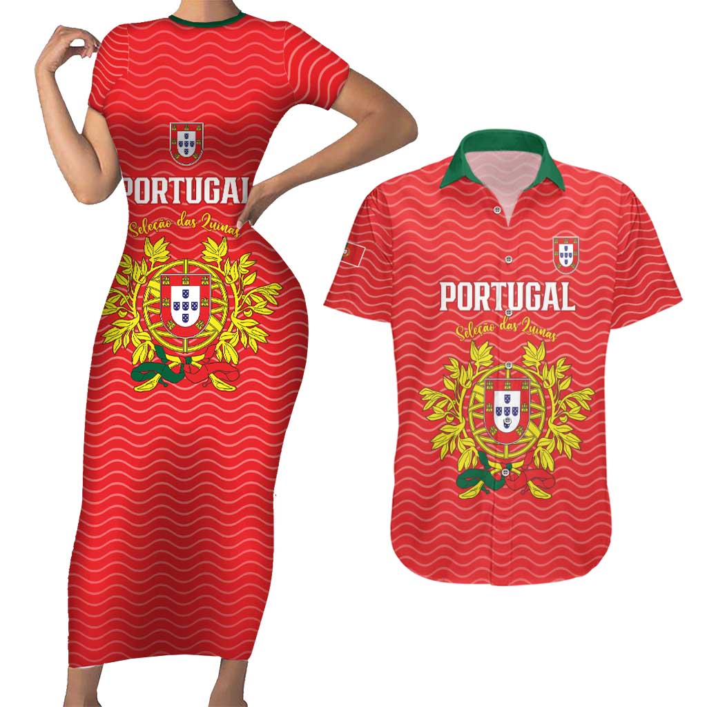 Custom Portugal Football 2026 Couples Matching Short Sleeve Bodycon Dress and Hawaiian Shirt Team of the Quincunxes - Wonder Print Shop