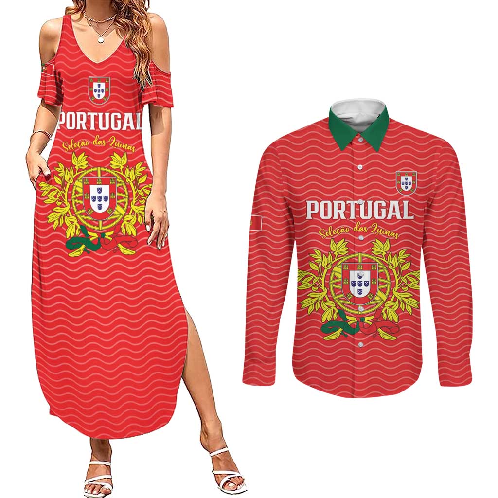 Custom Portugal Football 2026 Couples Matching Summer Maxi Dress and Long Sleeve Button Shirt Team of the Quincunxes - Wonder Print Shop