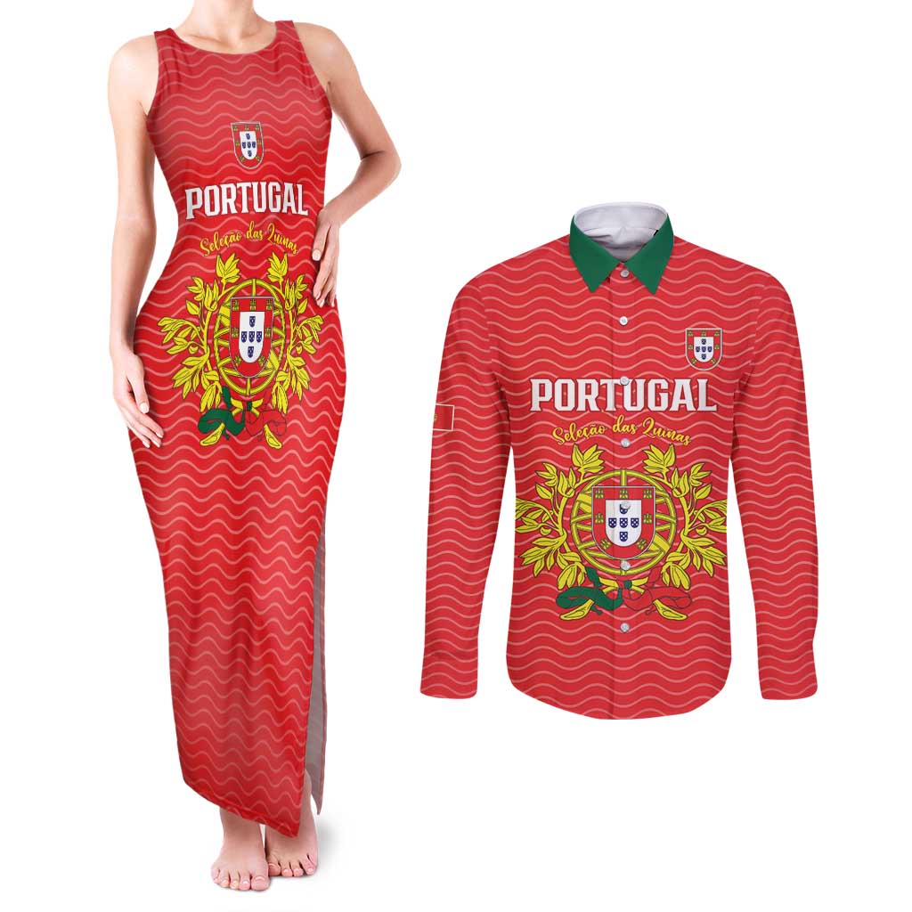 Custom Portugal Football 2026 Couples Matching Tank Maxi Dress and Long Sleeve Button Shirt Team of the Quincunxes - Wonder Print Shop