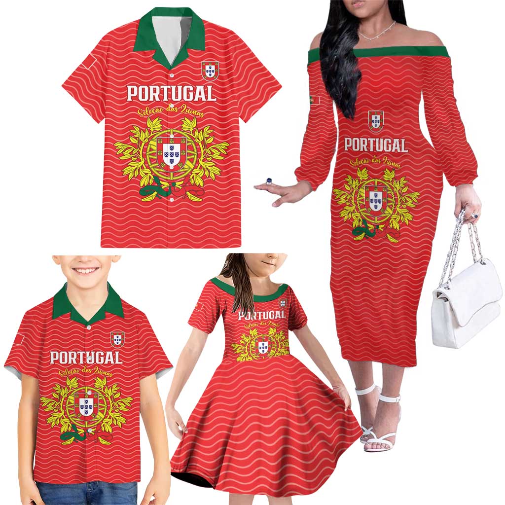 Custom Portugal Football 2026 Family Matching Off The Shoulder Long Sleeve Dress and Hawaiian Shirt Team of the Quincunxes - Wonder Print Shop