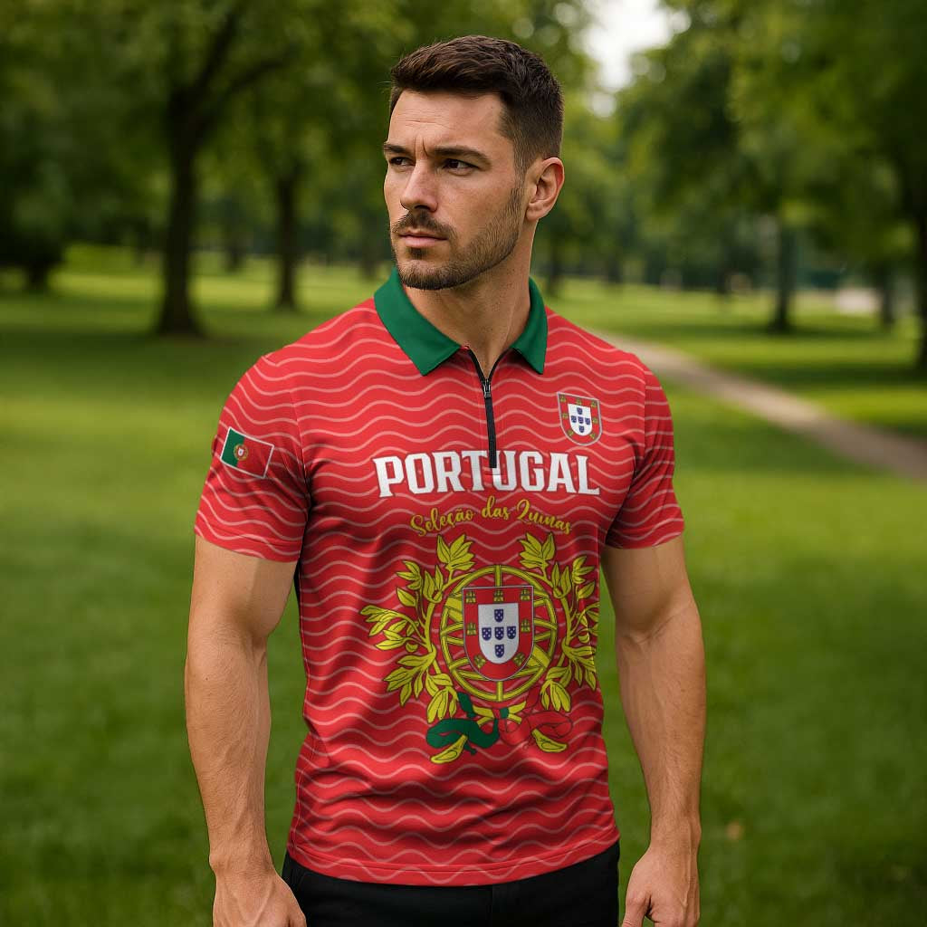 Custom Portugal Football 2026 Zipper Polo Shirt Team of the Quincunxes - Wonder Print Shop