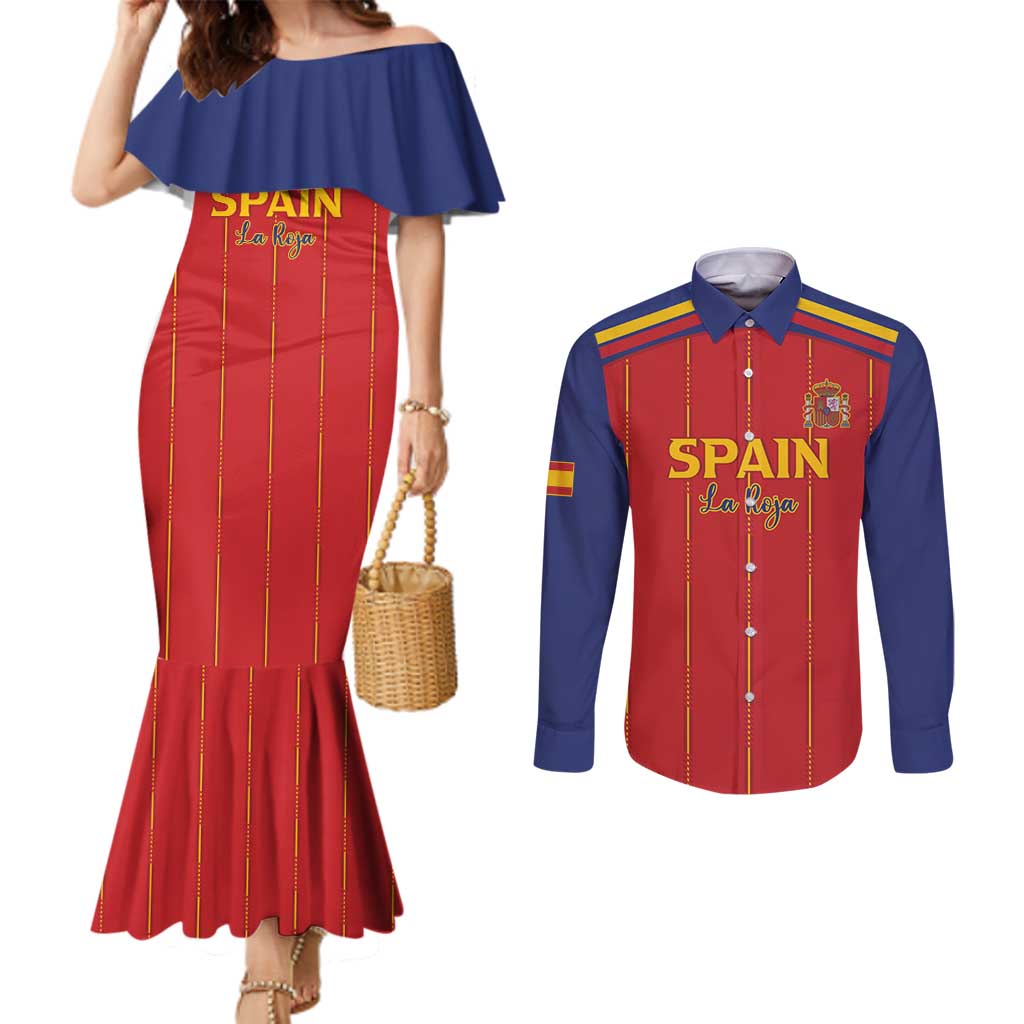 Custom Spain Football 2026 Couples Matching Mermaid Dress and Long Sleeve Button Shirt Go Champions La Roja - Wonder Print Shop