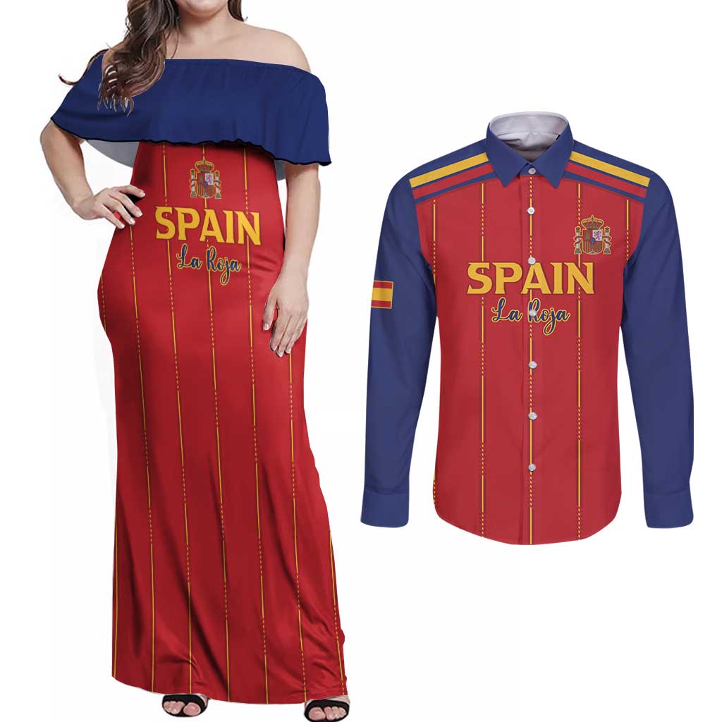 Custom Spain Football 2026 Couples Matching Off Shoulder Maxi Dress and Long Sleeve Button Shirt Go Champions La Roja - Wonder Print Shop