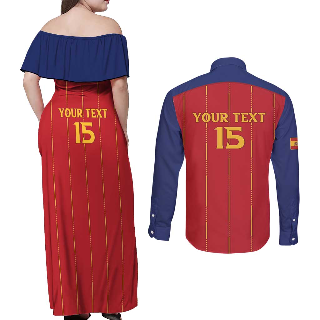 Custom Spain Football 2026 Couples Matching Off Shoulder Maxi Dress and Long Sleeve Button Shirt Go Champions La Roja - Wonder Print Shop