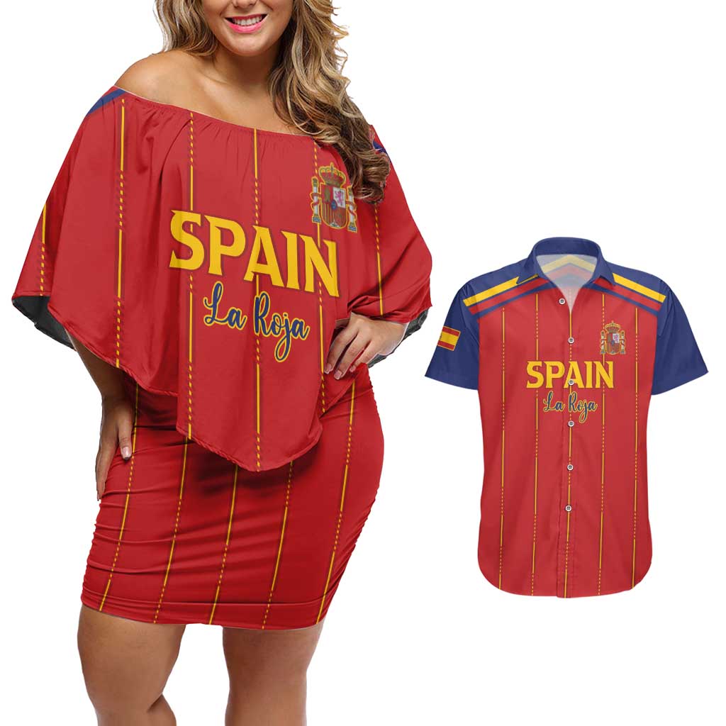 Custom Spain Football 2026 Couples Matching Off Shoulder Short Dress and Hawaiian Shirt Go Champions La Roja - Wonder Print Shop