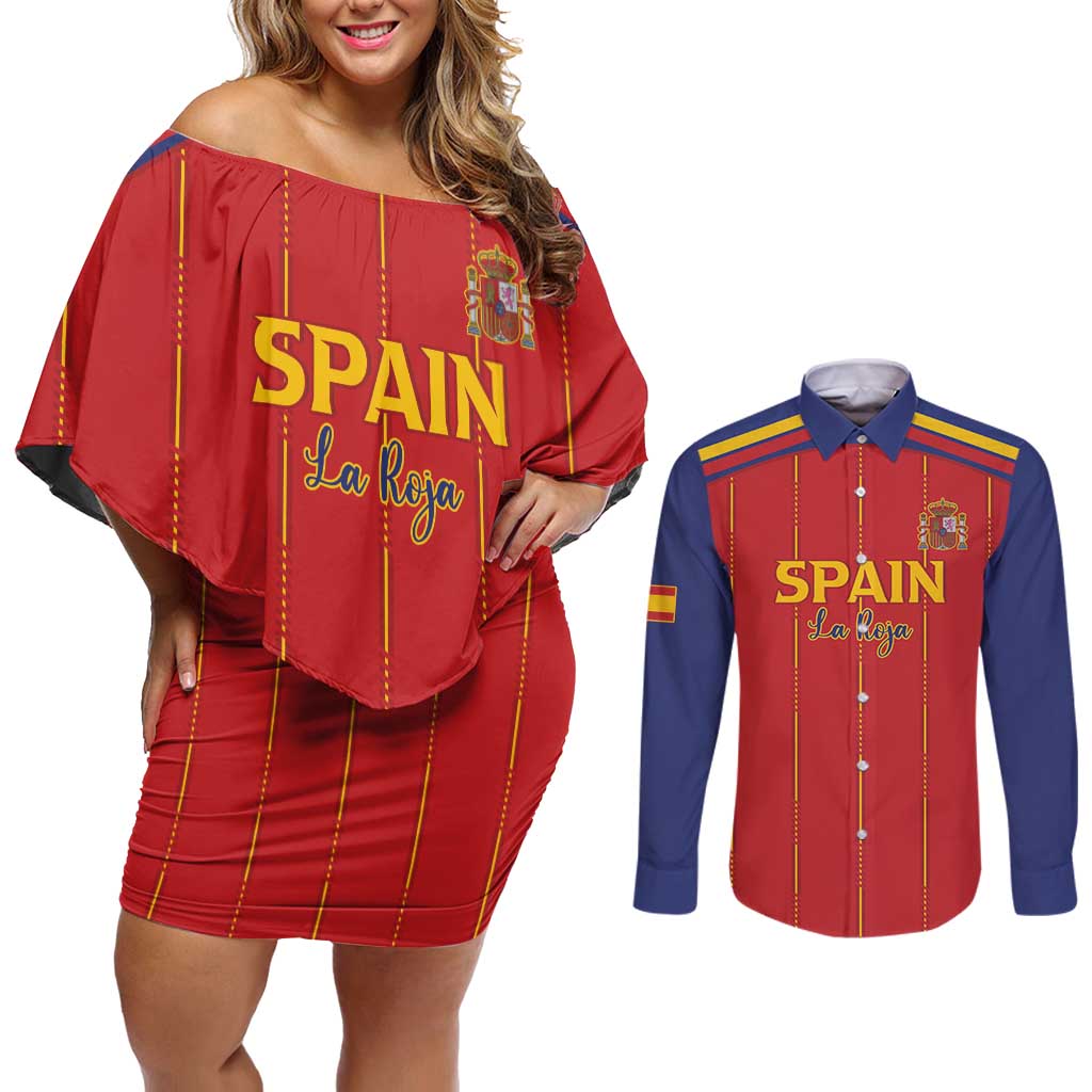 Custom Spain Football 2026 Couples Matching Off Shoulder Short Dress and Long Sleeve Button Shirt Go Champions La Roja - Wonder Print Shop