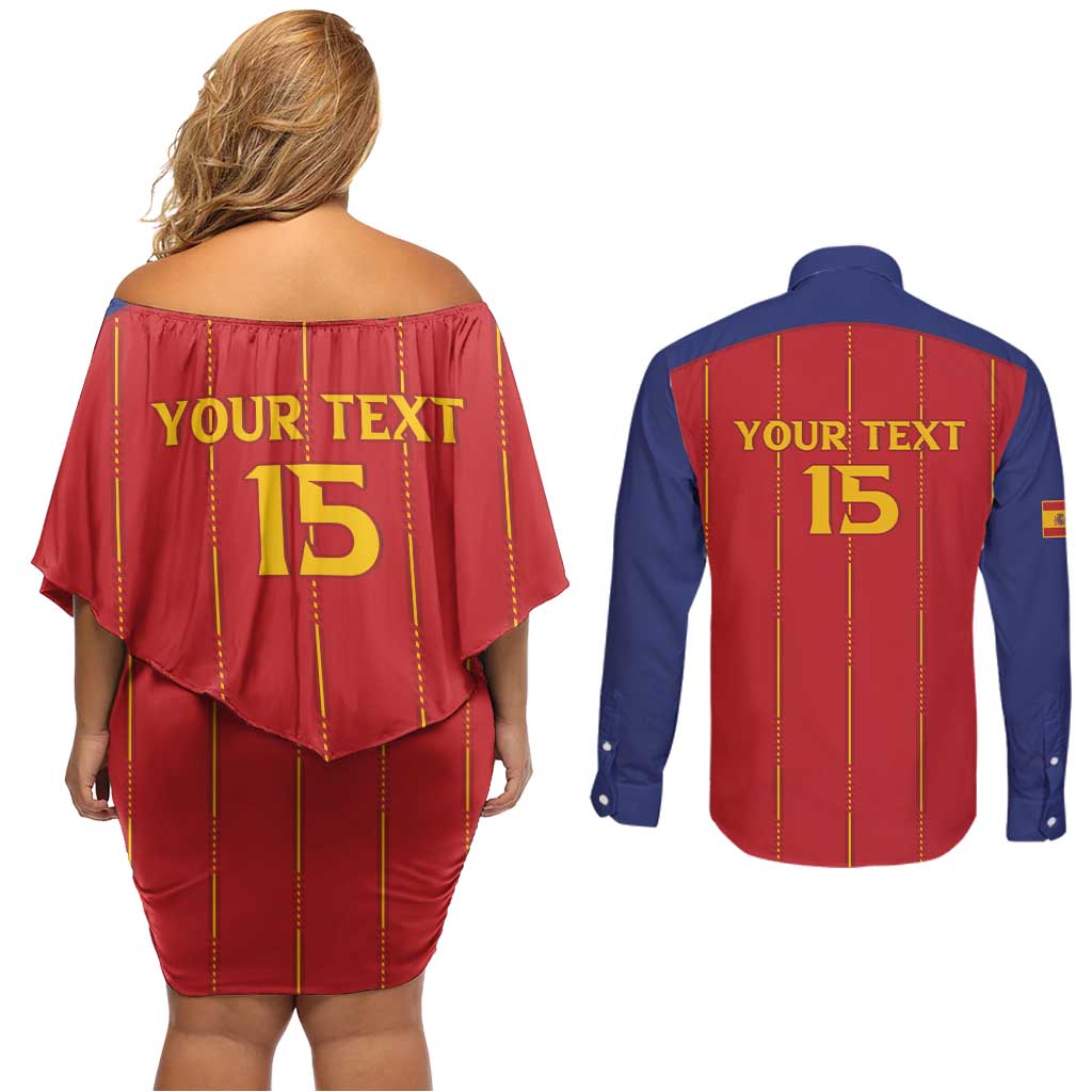 Custom Spain Football 2026 Couples Matching Off Shoulder Short Dress and Long Sleeve Button Shirt Go Champions La Roja - Wonder Print Shop