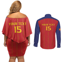 Custom Spain Football 2026 Couples Matching Off Shoulder Short Dress and Long Sleeve Button Shirt Go Champions La Roja - Wonder Print Shop
