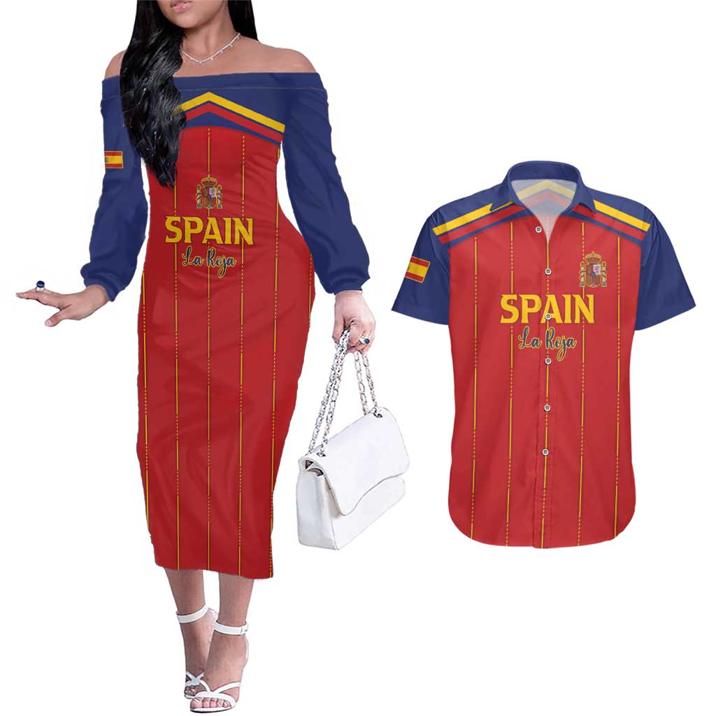 Custom Spain Football 2026 Couples Matching Off The Shoulder Long Sleeve Dress and Hawaiian Shirt Go Champions La Roja - Wonder Print Shop