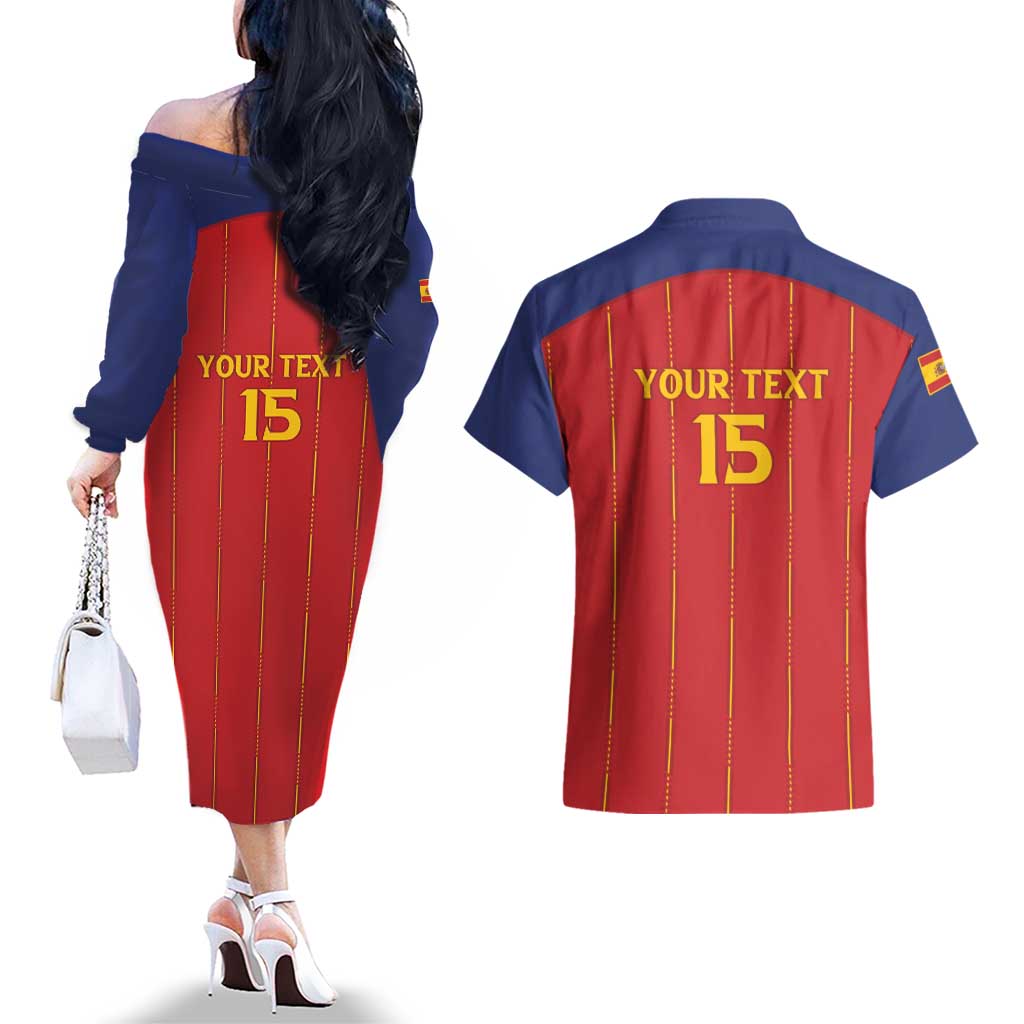 Custom Spain Football 2026 Couples Matching Off The Shoulder Long Sleeve Dress and Hawaiian Shirt Go Champions La Roja - Wonder Print Shop