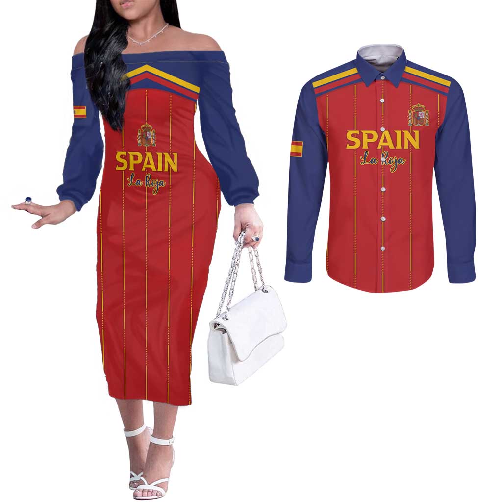 Custom Spain Football 2026 Couples Matching Off The Shoulder Long Sleeve Dress and Long Sleeve Button Shirt Go Champions La Roja - Wonder Print Shop