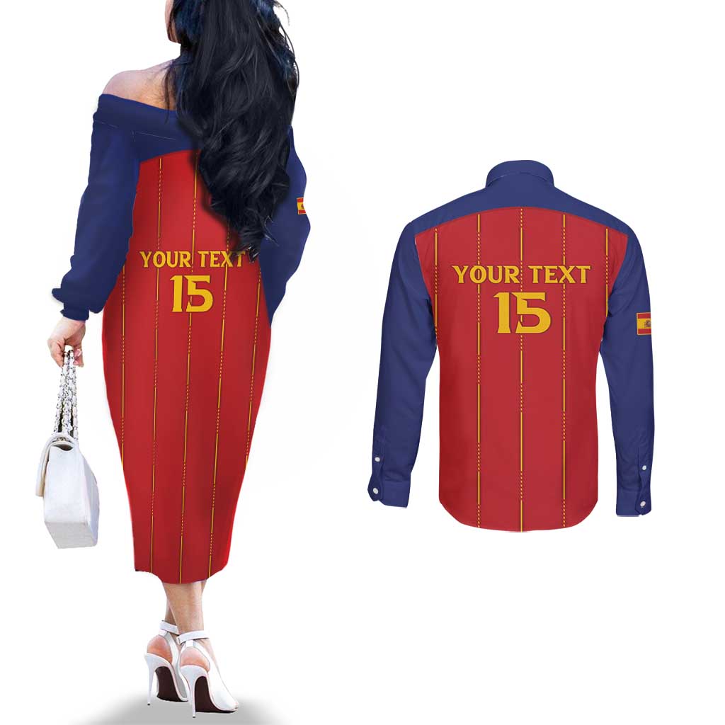 Custom Spain Football 2026 Couples Matching Off The Shoulder Long Sleeve Dress and Long Sleeve Button Shirt Go Champions La Roja - Wonder Print Shop