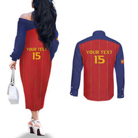 Custom Spain Football 2026 Couples Matching Off The Shoulder Long Sleeve Dress and Long Sleeve Button Shirt Go Champions La Roja - Wonder Print Shop
