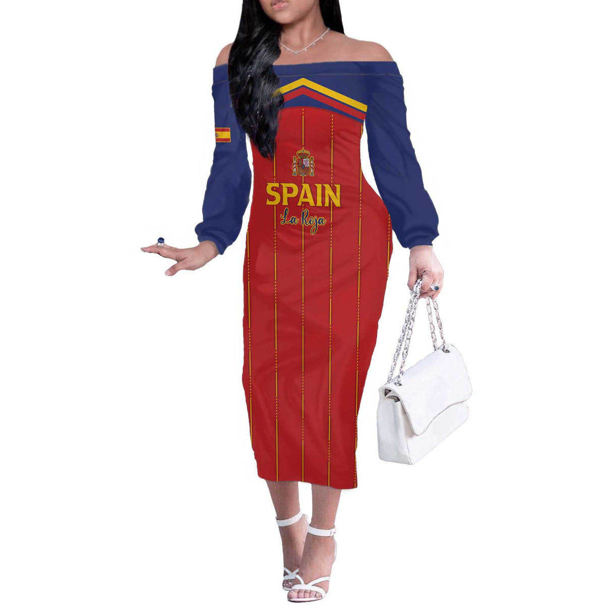 Custom Spain Football 2026 Off The Shoulder Long Sleeve Dress Go Champions La Roja - Wonder Print Shop
