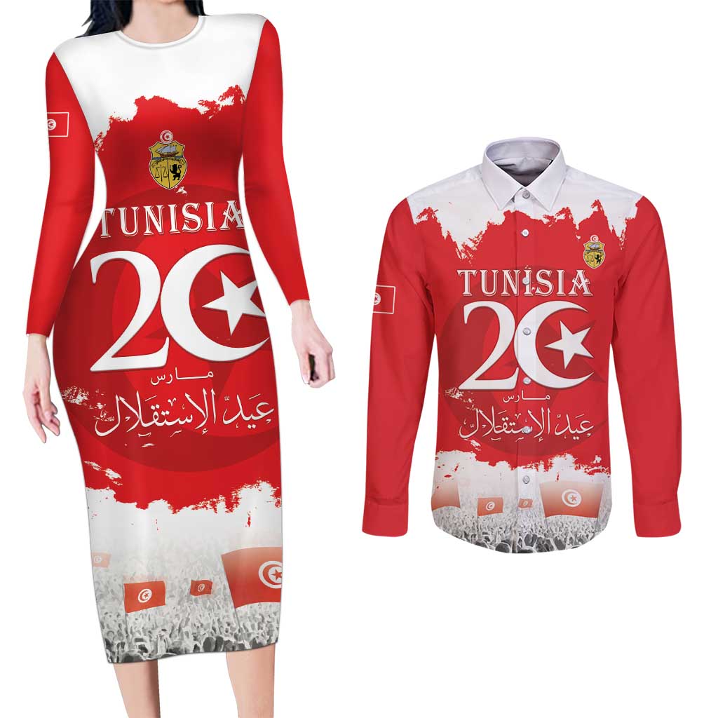 Personalised Tunisia Independence Day Couples Matching Long Sleeve Bodycon Dress and Long Sleeve Button Shirt 69th Anniversary - Flag Map