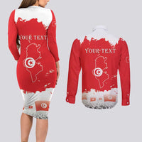 Personalised Tunisia Independence Day Couples Matching Long Sleeve Bodycon Dress and Long Sleeve Button Shirt 69th Anniversary - Flag Map