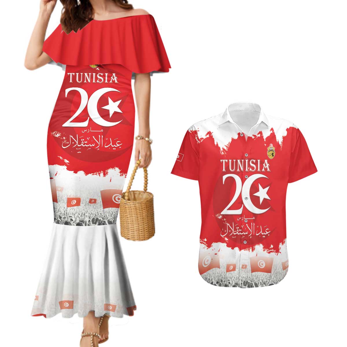 Personalised Tunisia Independence Day Couples Matching Mermaid Dress and Hawaiian Shirt 69th Anniversary - Flag Map