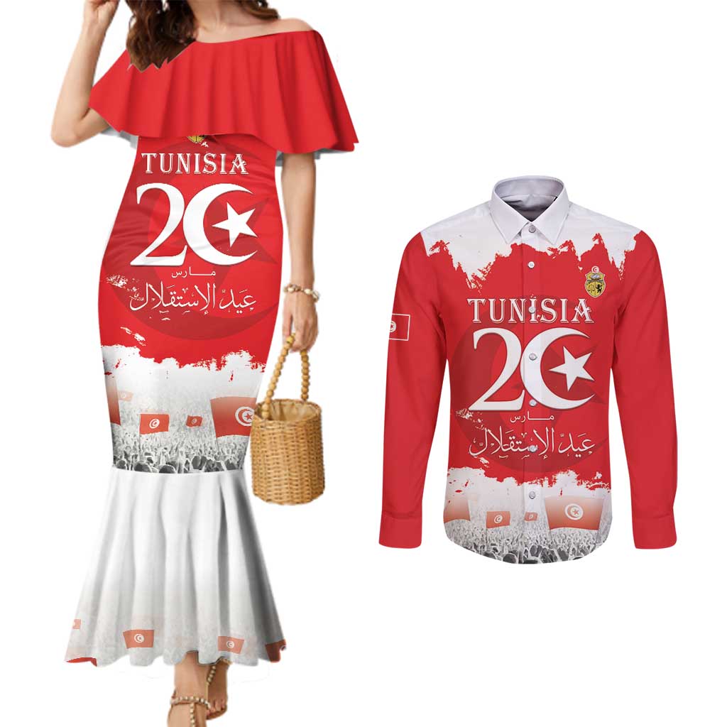 Personalised Tunisia Independence Day Couples Matching Mermaid Dress and Long Sleeve Button Shirt 69th Anniversary - Flag Map
