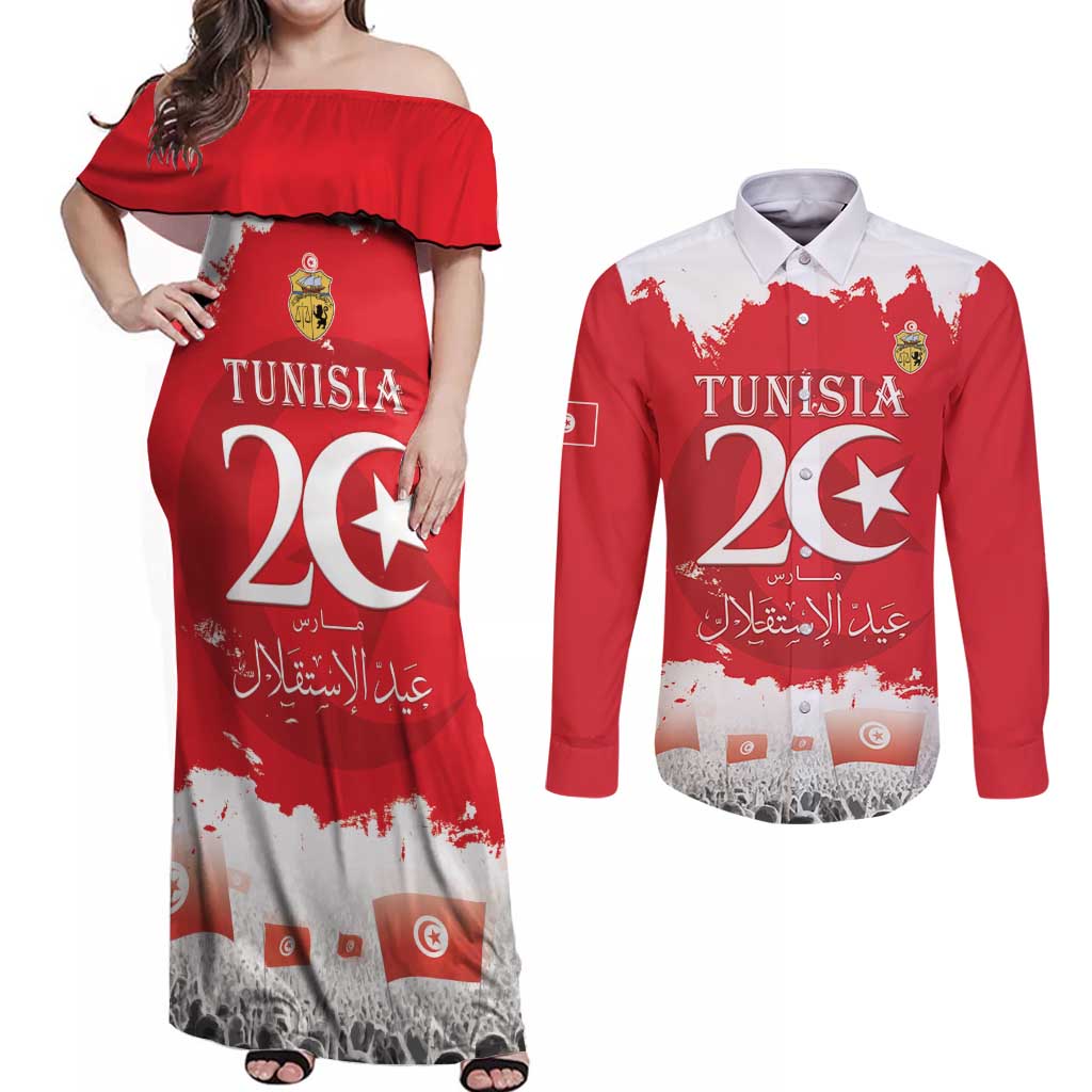 Personalised Tunisia Independence Day Couples Matching Off Shoulder Maxi Dress and Long Sleeve Button Shirt 69th Anniversary - Flag Map