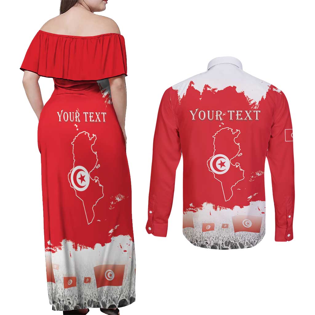 Personalised Tunisia Independence Day Couples Matching Off Shoulder Maxi Dress and Long Sleeve Button Shirt 69th Anniversary - Flag Map
