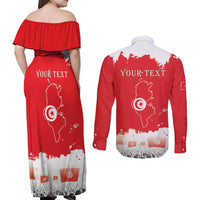 Personalised Tunisia Independence Day Couples Matching Off Shoulder Maxi Dress and Long Sleeve Button Shirt 69th Anniversary - Flag Map