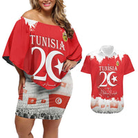 Personalised Tunisia Independence Day Couples Matching Off Shoulder Short Dress and Hawaiian Shirt 69th Anniversary - Flag Map