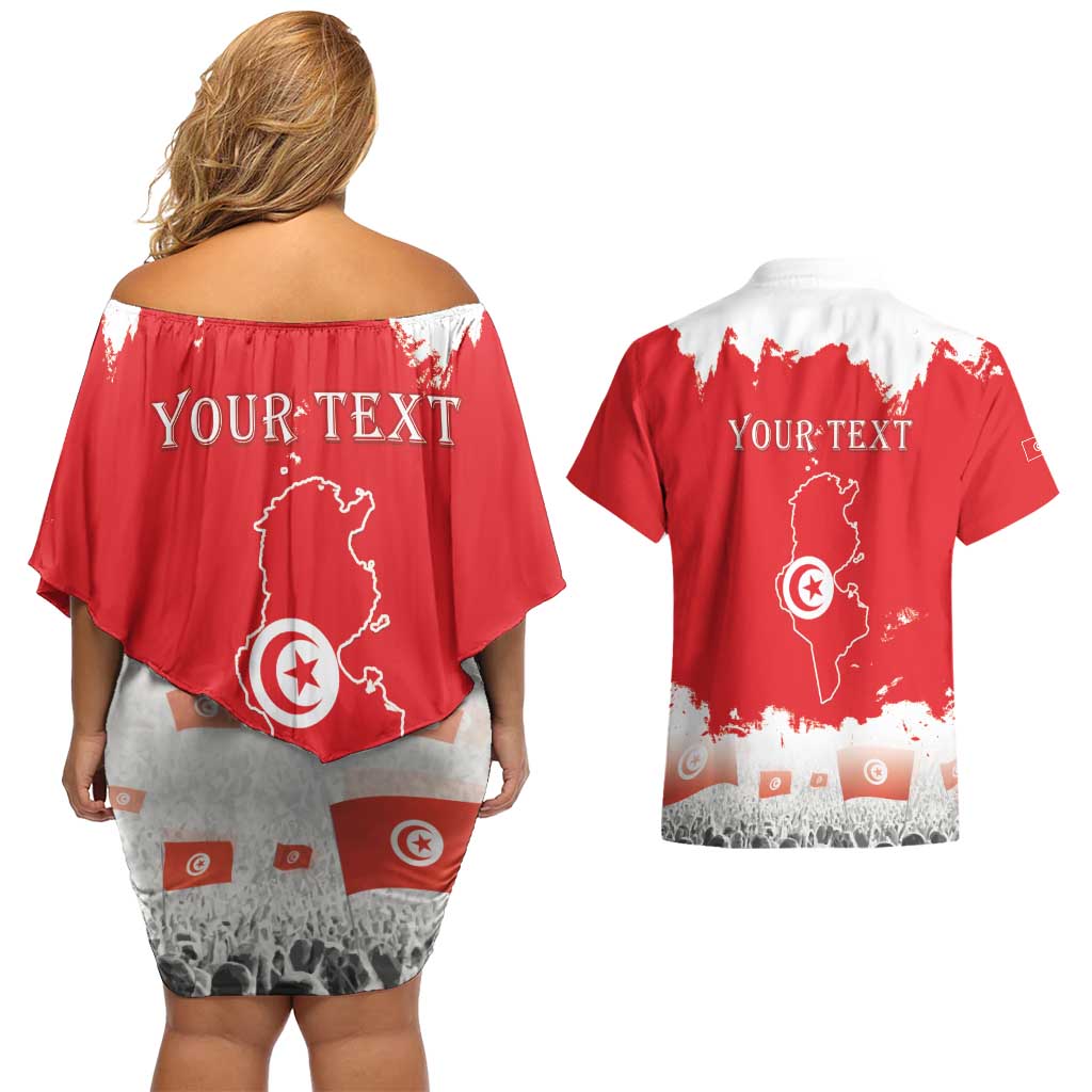 Personalised Tunisia Independence Day Couples Matching Off Shoulder Short Dress and Hawaiian Shirt 69th Anniversary - Flag Map