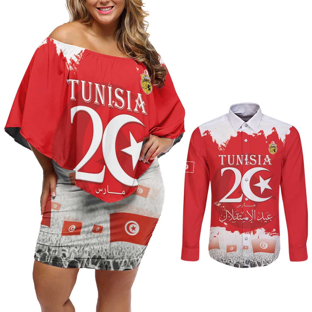 Personalised Tunisia Independence Day Couples Matching Off Shoulder Short Dress and Long Sleeve Button Shirt 69th Anniversary - Flag Map