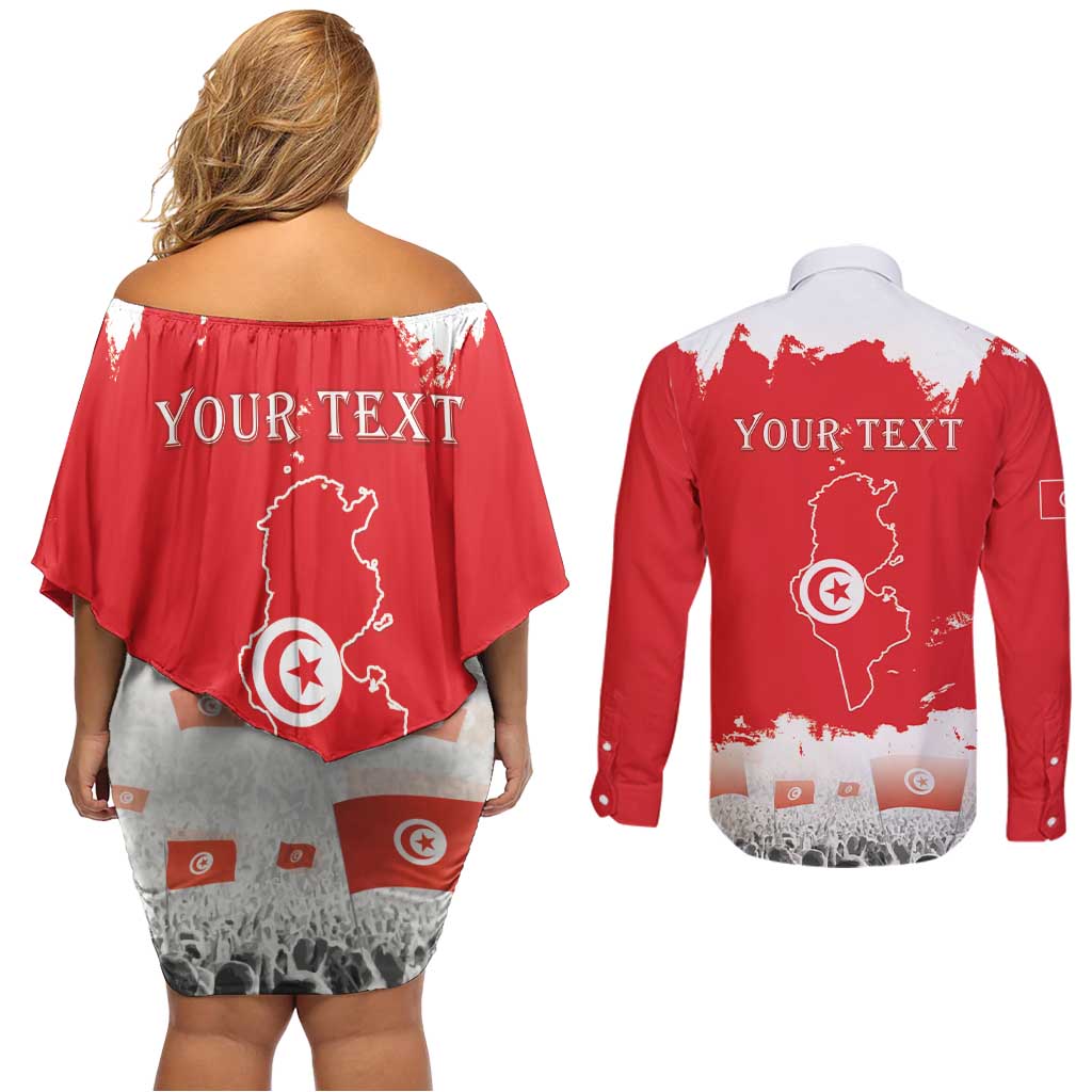 Personalised Tunisia Independence Day Couples Matching Off Shoulder Short Dress and Long Sleeve Button Shirt 69th Anniversary - Flag Map